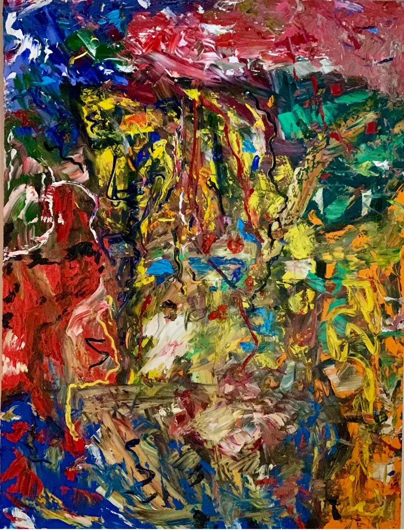 Sans titre (2019), huile sur toile de Léo Pansard, 100 × 75 cm — matière épaisse multicolore