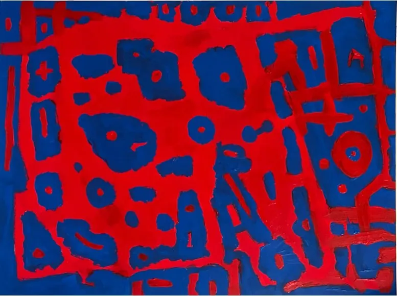 Sans titre (2019), huile sur toile de Léo Pansard — motifs rouges sur fond bleu