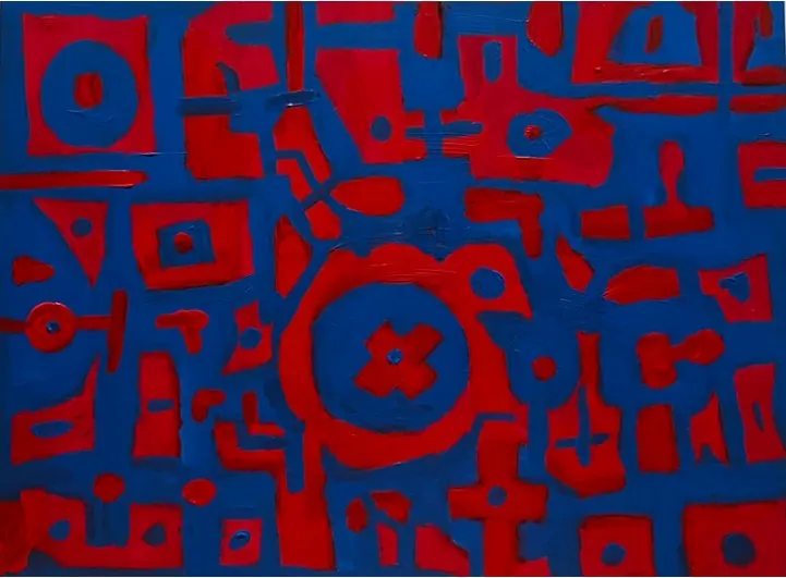 Sans titre (2019), huile sur toile de Léo Pansard — réseau de formes rouges sur fond bleu