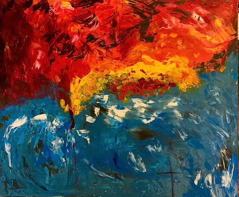 Sans titre (2019), huile sur toile de Léo Pansard — rouge au-dessus d'un bleu agité