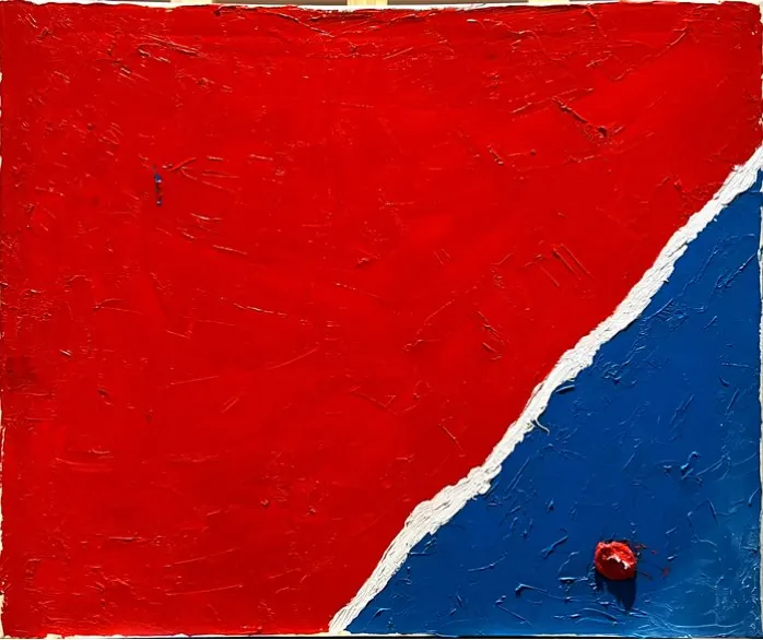 Sans titre (2019), huile sur toile de Léo Pansard — rouge et bleu séparés par une diagonale blanche