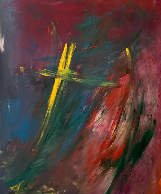 Sans titre (2019), huile sur toile de Léo Pansard — traits jaunes sur un fond sombre rouge et vert