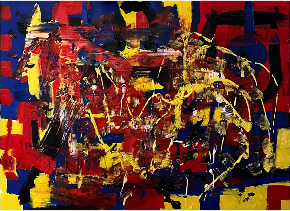 Sans titre (2020), acrylique sur toile de Léo Pansard — coulures jaunes et blanches sur du rouge et du bleu