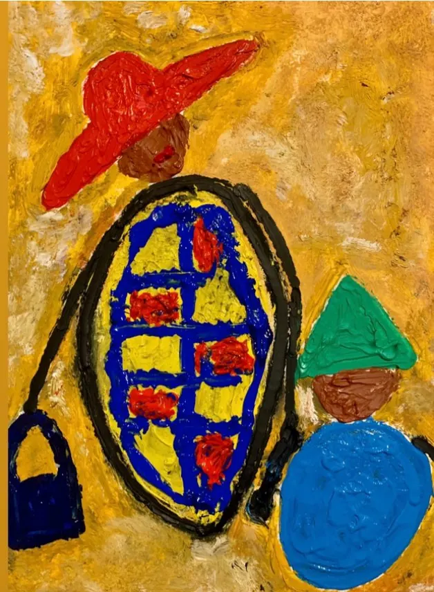 Sans titre (2020), acrylique sur toile de Léo Pansard — forme quadrillée colorée et chapeau rouge sur fond ocre