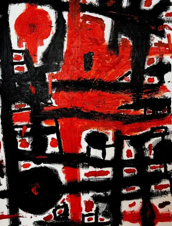 Sans titre (2020), huile sur toile de Léo Pansard, 100 × 75 cm — grille noire et formes rouges sur fond blanc