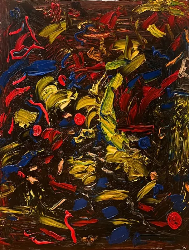 Sans titre (2020), huile sur toile de Léo Pansard, 92 × 72 cm — touches jaunes, rouges et bleues sur fond sombre