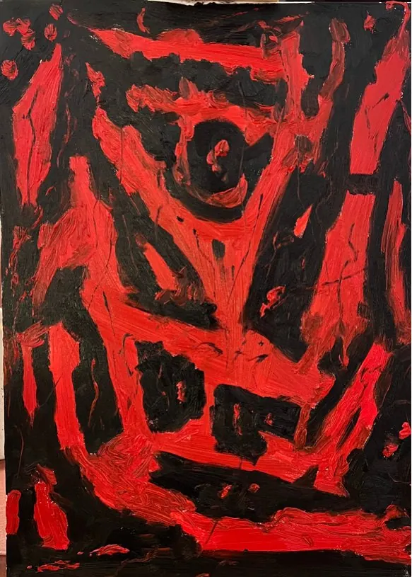 Sans titre (2022), huile sur toile de Léo Pansard — formes rouges cernées de noir