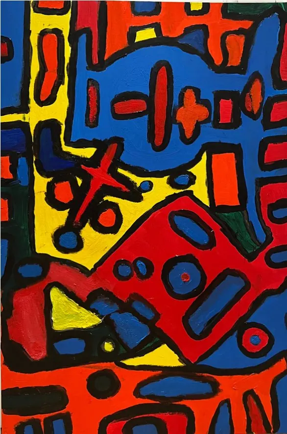 Sans titre (2023), huile sur toile de Léo Pansard — réseau de formes bleues et rouges cernées de noir sur fond jaune
