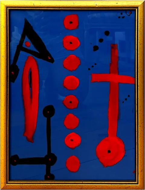 Sans titre (2023), huile sur toile de Léo Pansard — signes rouges et noirs sur fond bleu, cadre doré