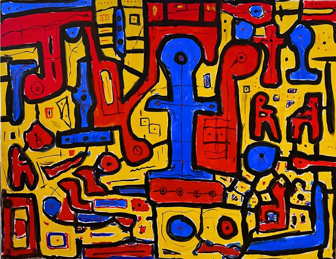 Symphonie temporelle (2023), huile sur toile de Léo Pansard, 114 × 146 cm — labyrinthe de formes rouges et bleues cernées de noir sur fond jaune