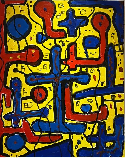 Symphonie temporelle (2023), huile sur toile de Léo Pansard, 93 × 72 cm — formes bleues et rouges cernées de noir sur fond jaune