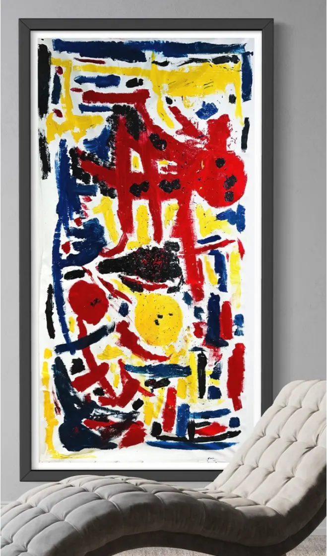 Temps (2022), huile sur toile de Léo Pansard, 210 × 100 cm — formes rouges, bleues et jaunes sur fond blanc, en format vertical