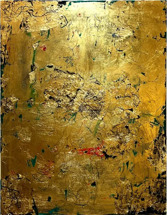 Tenue céleste (2017), huile sur toile de Léo Pansard, 93 × 72 cm — surface dorée travaillée, éclats rouges et verts