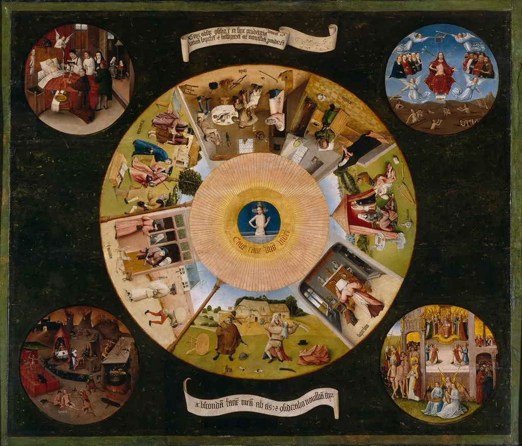 Référence : Jérôme Bosch, Les Sept Péchés capitaux, musée du Prado — Le Banquet des Péchés, projet de Léo Pansard